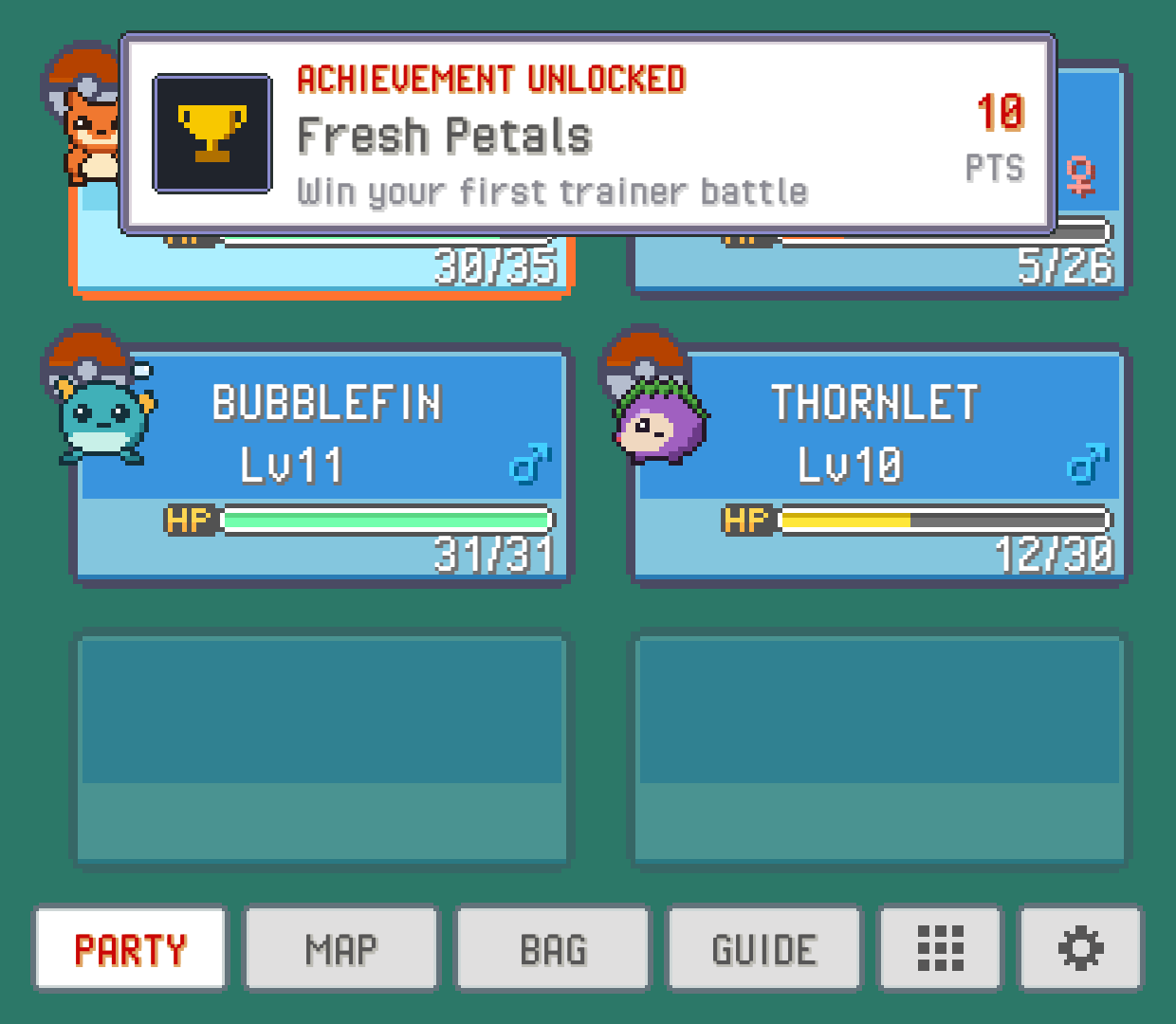 An ACHIEVEMENT UNLOCKED popup at the top of the companion, over the party tab