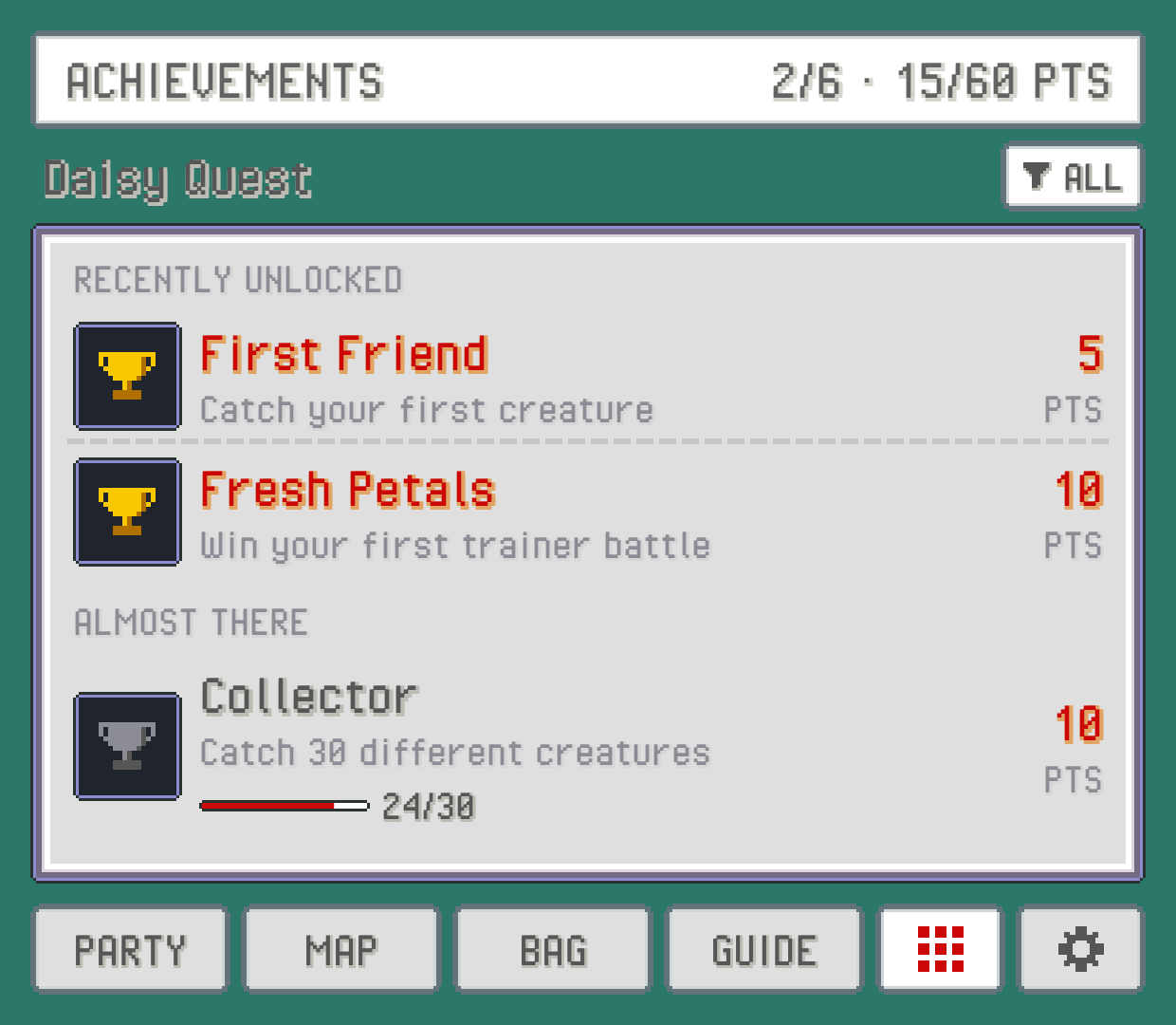 The ACHIEVEMENTS tab: the game's set grouped into sections, each achievement with its badge, title, description and points