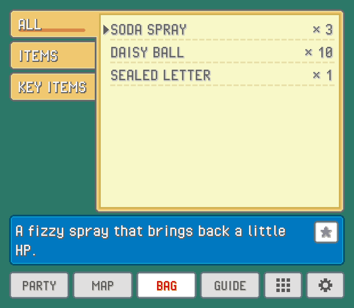 SODA SPRAY selected in the bag, its icon and description in a box along the bottom