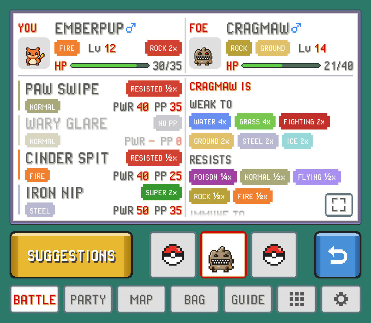 The INFO page: EMBERPUP's card and moves on the left, CRAGMAW's card and its weaknesses on the right, the foe team along the bottom