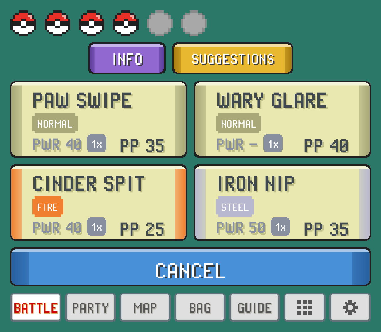 The move grid: PAW SWIPE, WARY GLARE, CINDER SPIT and IRON NIP, each with its type, power, PP and verdict, and a CANCEL bar below
