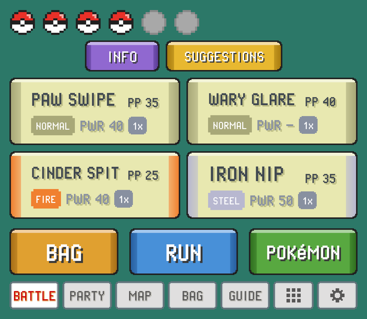 ONE-TAP MOVES on: the four move cards fill the top of the screen, BAG, RUN and POKéMON in a row below