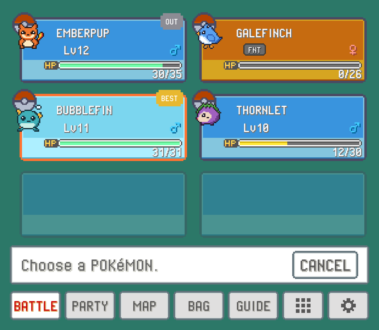 The switch pane: the party in the game's slots, one Pokémon tagged BEST, EMBERPUP tagged OUT and GALEFINCH fainted, with Choose a POKéMON. and CANCEL below