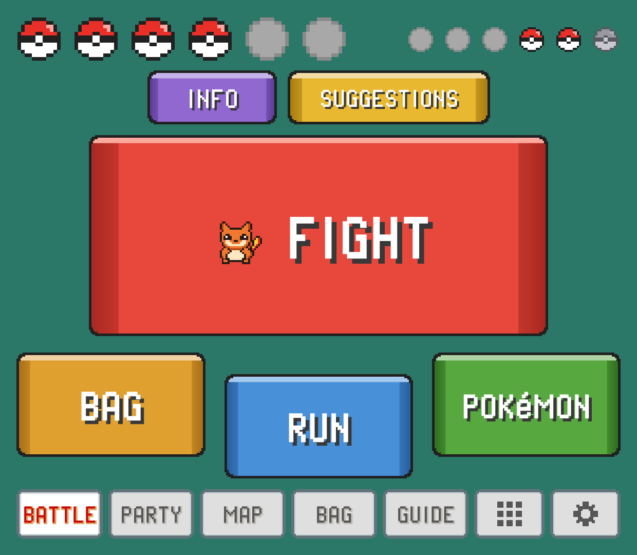 The BATTLE tab on your turn: a large FIGHT button with EMBERPUP's icon, BAG, RUN and POKéMON below, the party's balls along the top