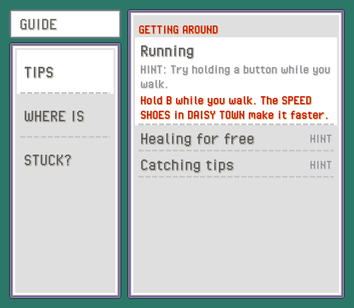 The GUIDE tab on a TIPS page: the page list on the left, entries on the right, one of them opened to show its hint
