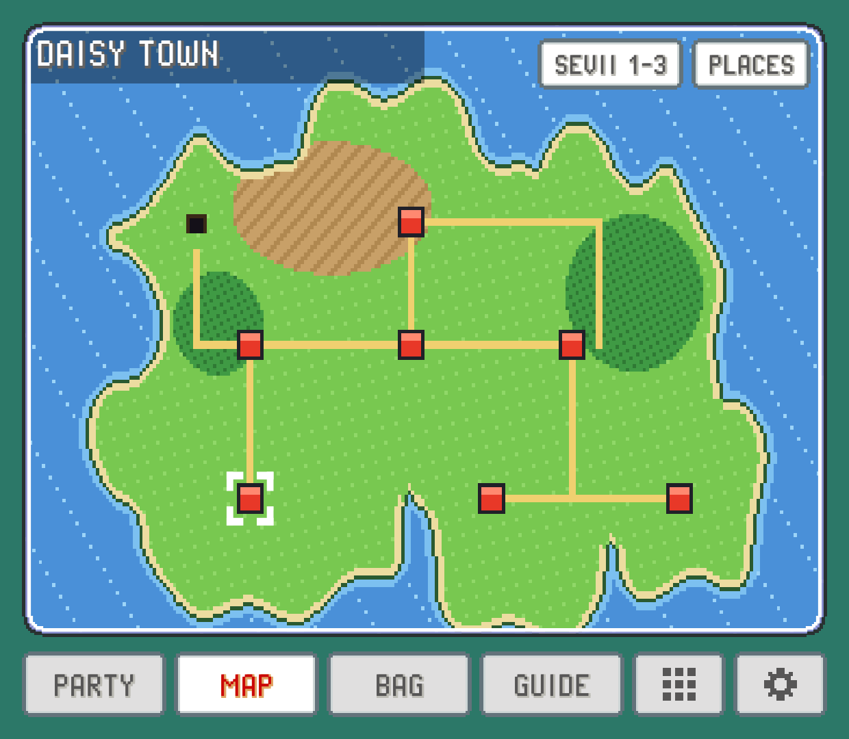 The MAP tab: an island map with the player's head on DAISY TOWN, the town's name in a strip at the top left, and PLACES at the top right