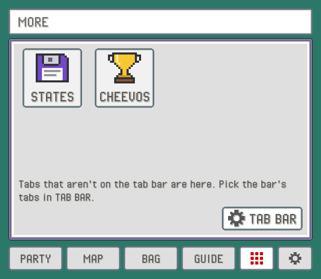 The MORE tab, with STATES and CHEEVOS as app icons and the TAB BAR button under them