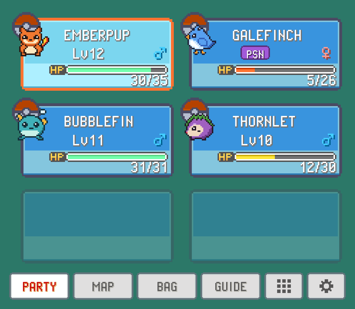 The PARTY tab: EMBERPUP Lv12 with full HP, GALEFINCH poisoned and low on HP, BUBBLEFIN and THORNLET