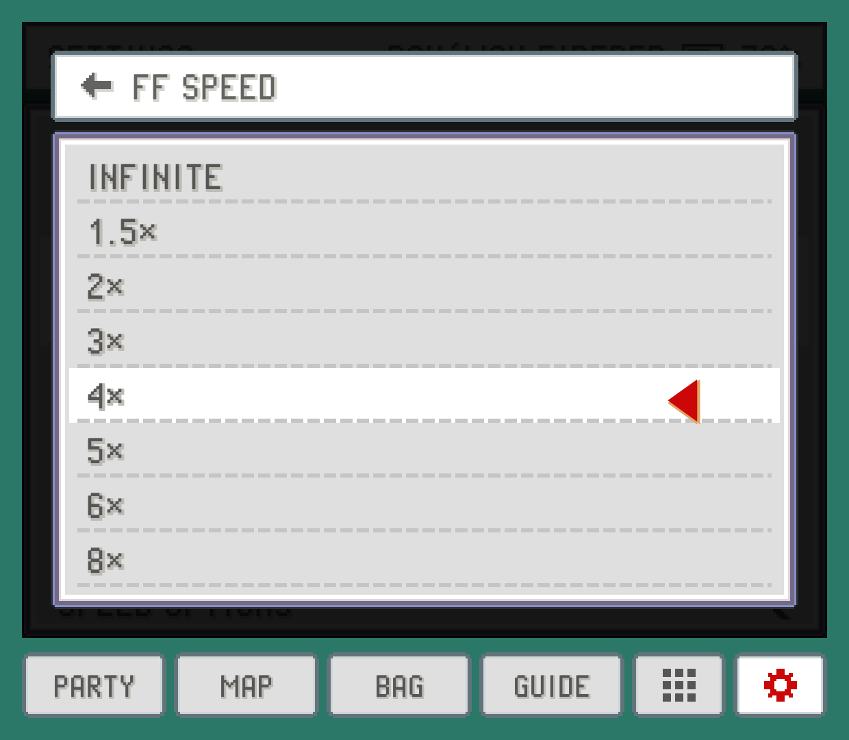 The FF SPEED pick-list open over the companion's SETTINGS, with speeds from INFINITE to 10×