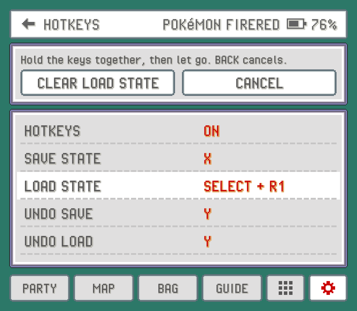 The companion's HOTKEYS page with LOAD STATE waiting for keys: SELECT + R1 held, CLEAR LOAD STATE and CANCEL above the list