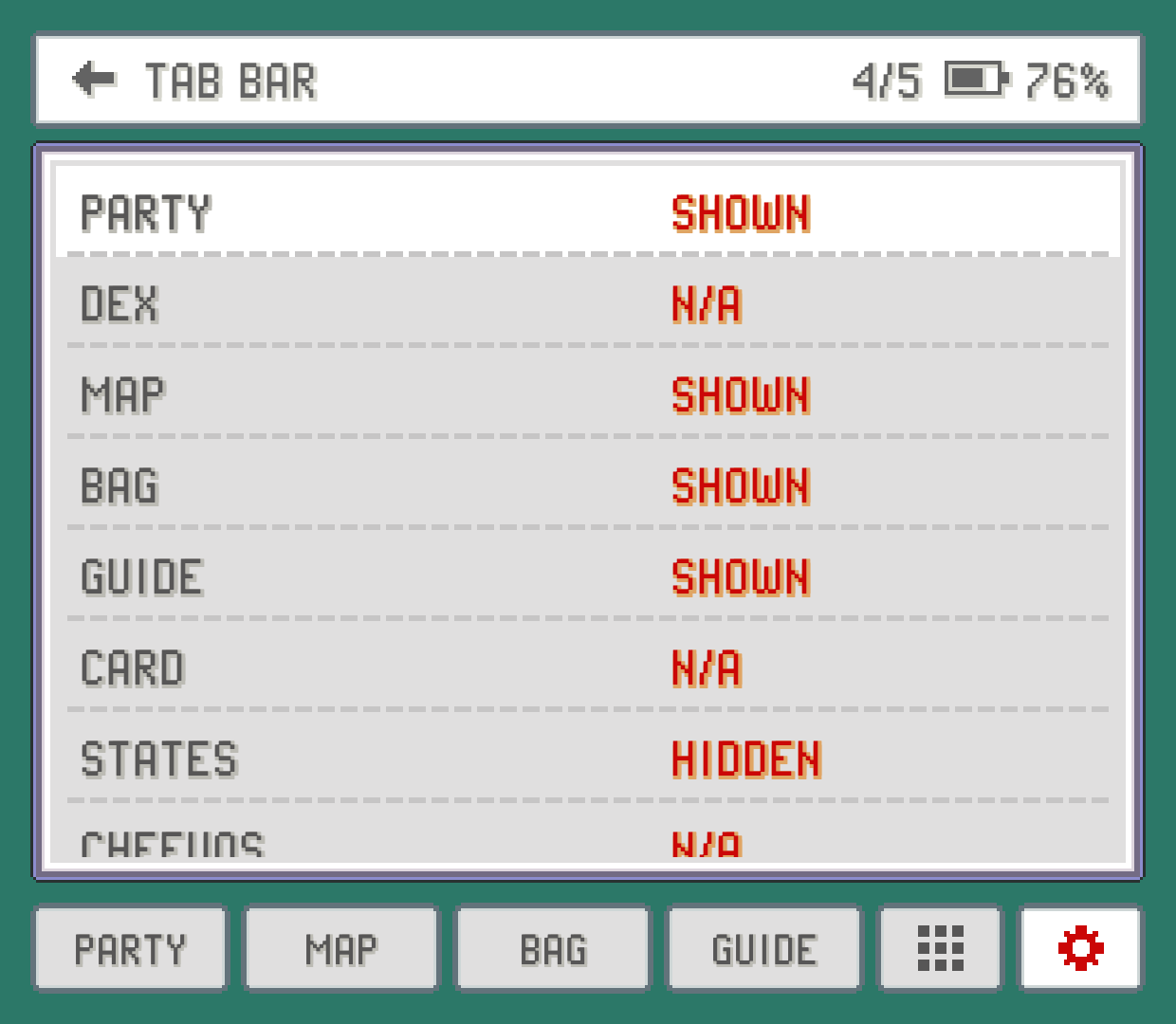 The TAB BAR page in the companion's SETTINGS, listing each tab as SHOWN or HIDDEN