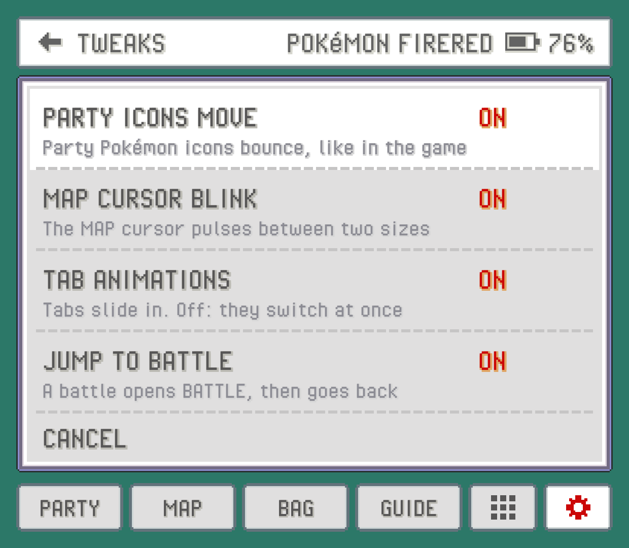 The TWEAKS page, with its four switches and a line under each