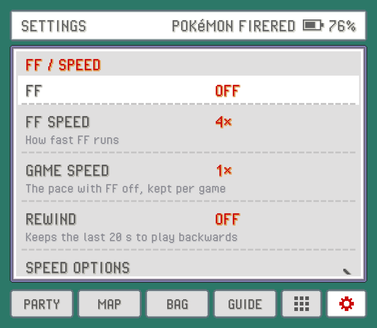 The companion's SETTINGS tab, with the FF / SPEED group at the top: FF, FF SPEED, GAME SPEED, REWIND and SPEED OPTIONS