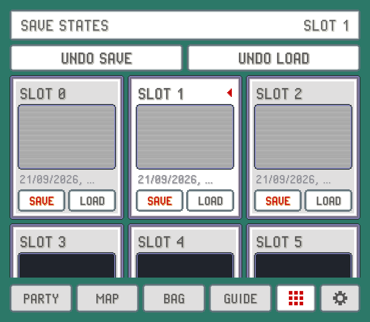 The companion's STATES tab: UNDO SAVE and UNDO LOAD buttons above slot cards, each with a screenshot and SAVE and LOAD buttons