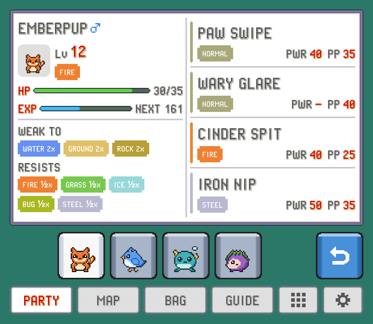 EMBERPUP's summary: level, HP and EXP on the left above its weaknesses and resistances, its four moves on the right