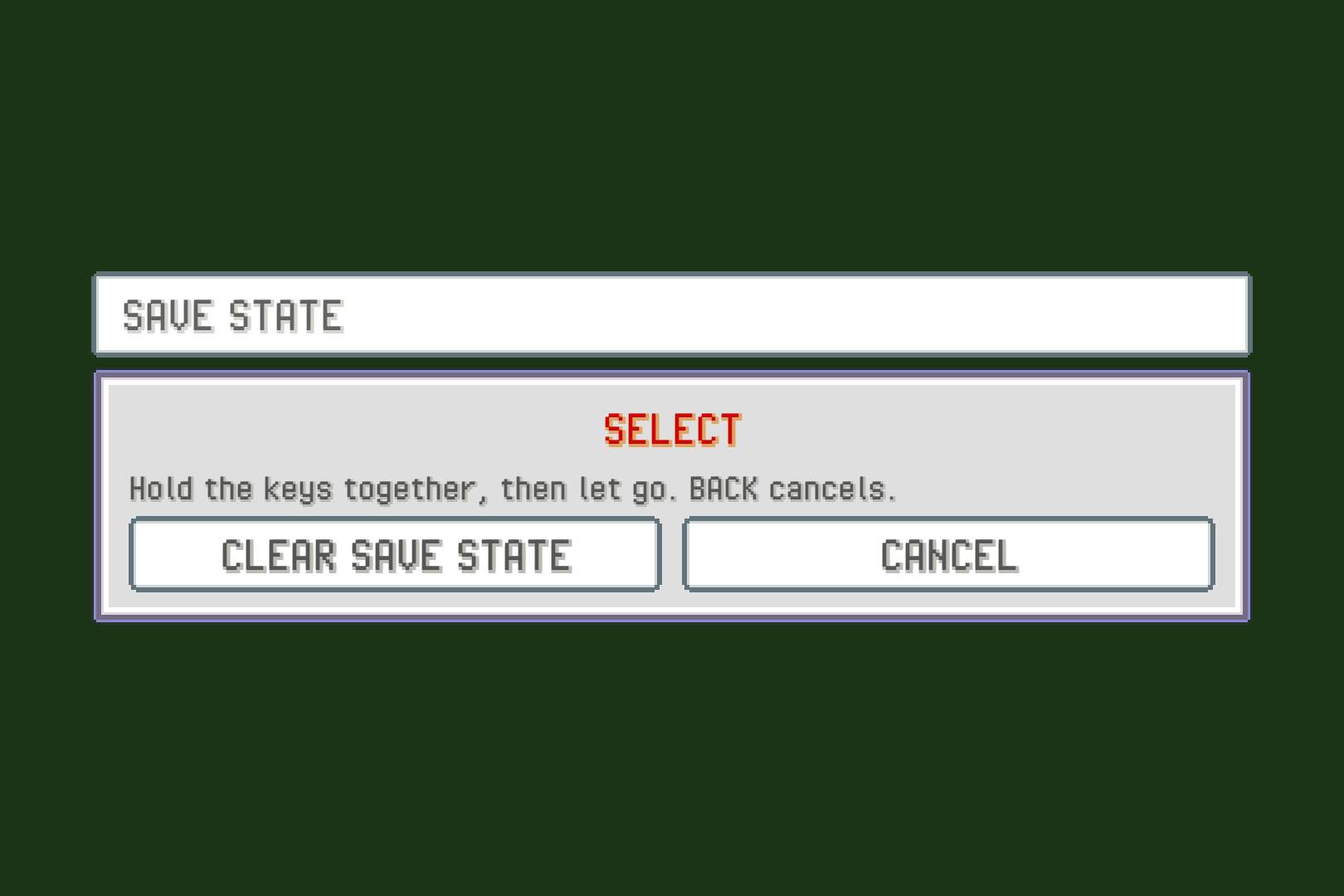 Over the game while a companion hotkey waits: SAVE STATE, the button held so far, CLEAR SAVE STATE and CANCEL