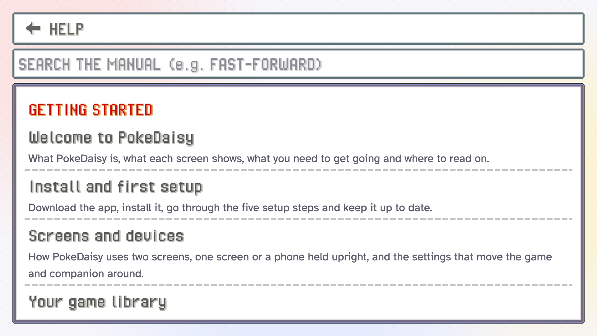 The manual inside the app on the top screen: a search box and the list of sections and pages