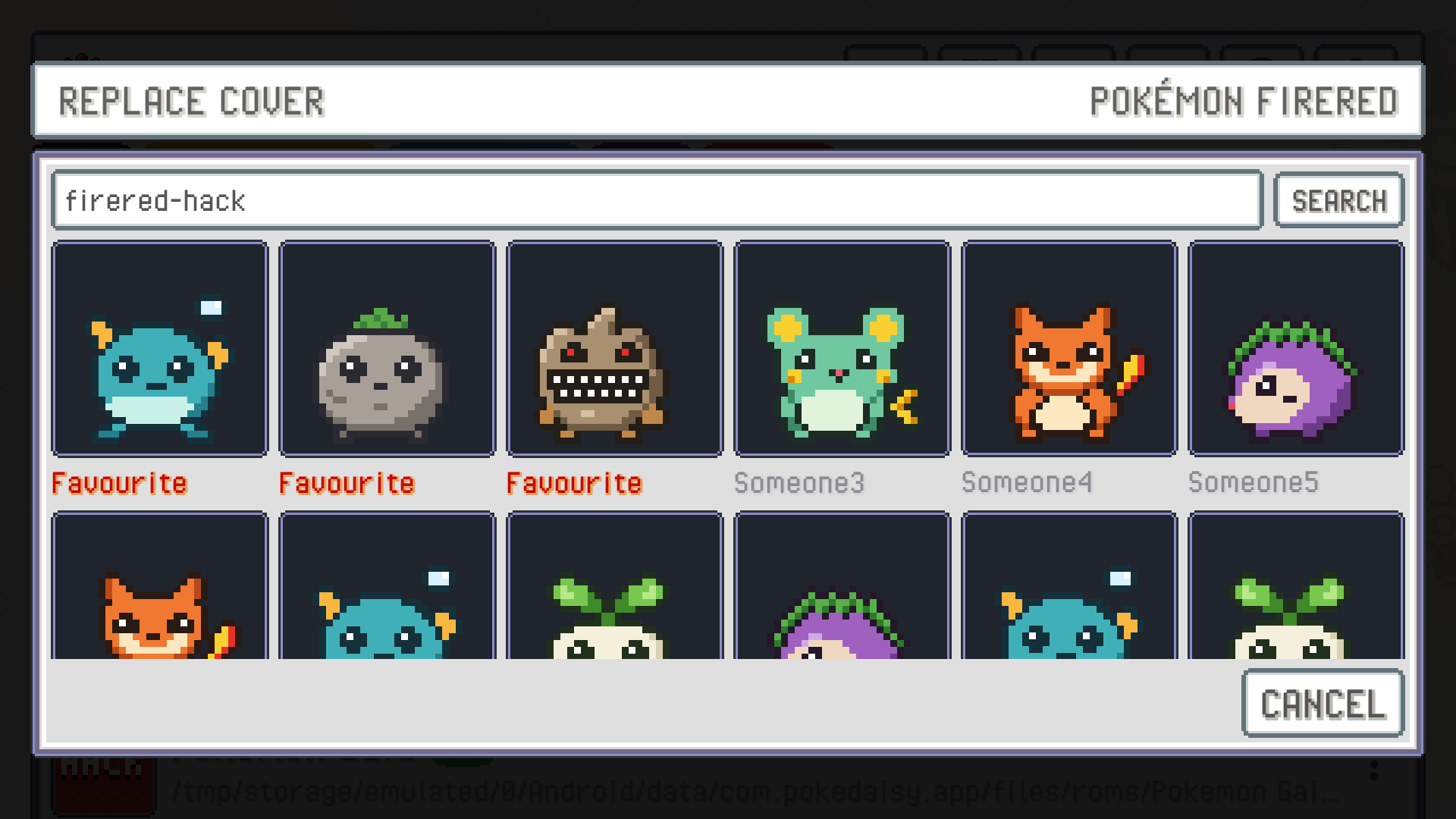 The REPLACE COVER picker: a search box above a grid of cover icons, each with its uploader's name