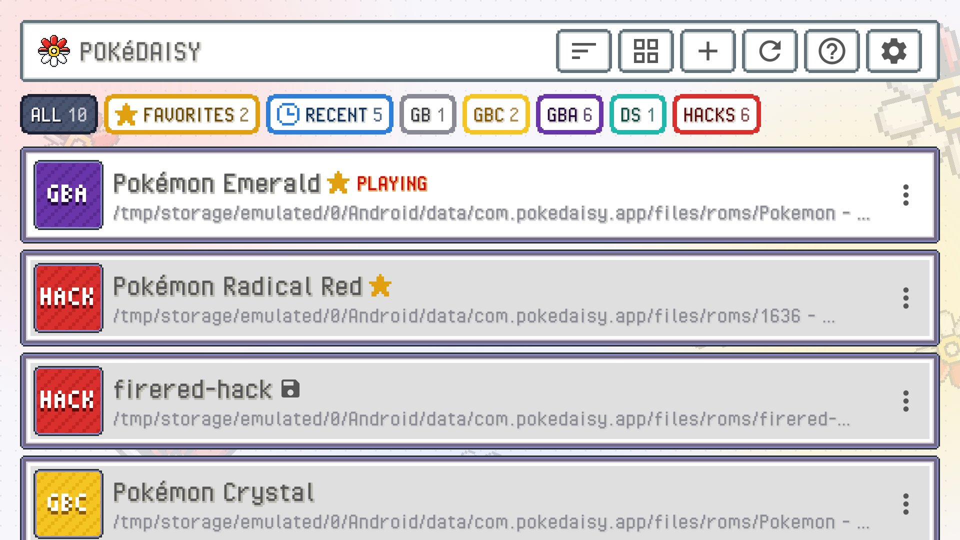 The library in list view: the header's sort, view, add, refresh, help and settings buttons, a row of coloured quick views (ALL, FAVORITES, RECENT, GB, GBC, GBA, DS, HACKS) and the games under them