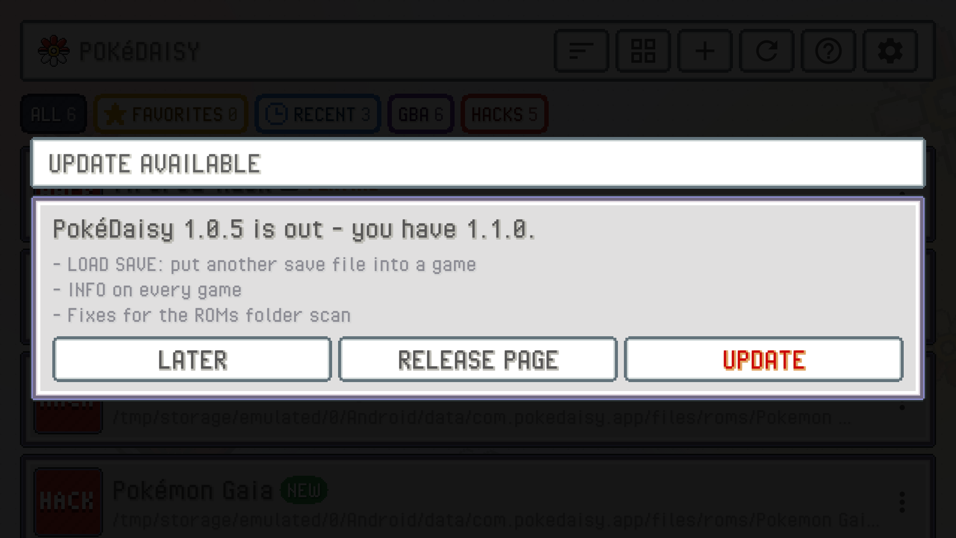 The UPDATE AVAILABLE window in the library, with release notes and LATER, RELEASE PAGE and UPDATE buttons