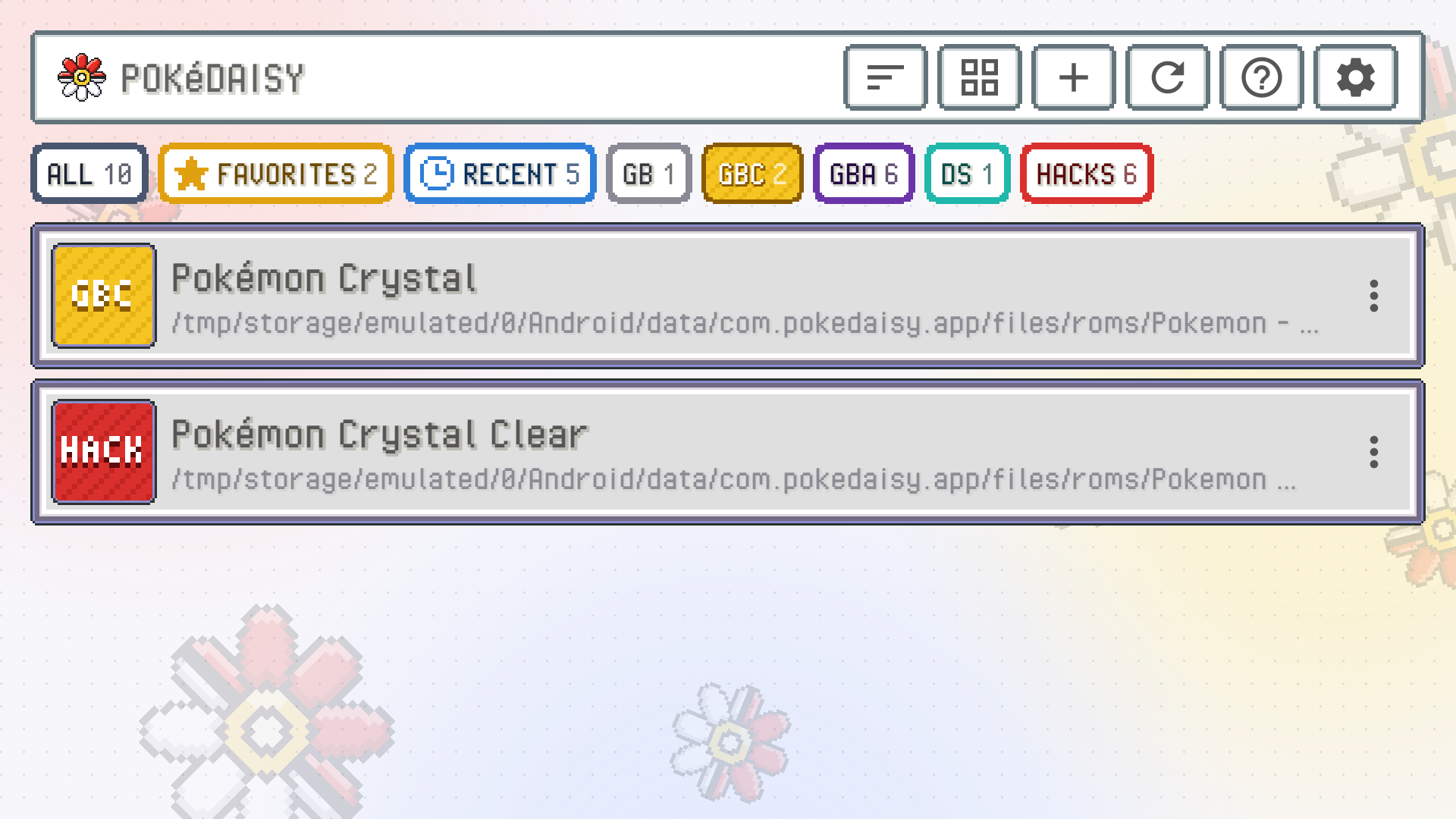 The GBC quick view open: its button filled in yellow stripes, and only the Game Boy Color games listed