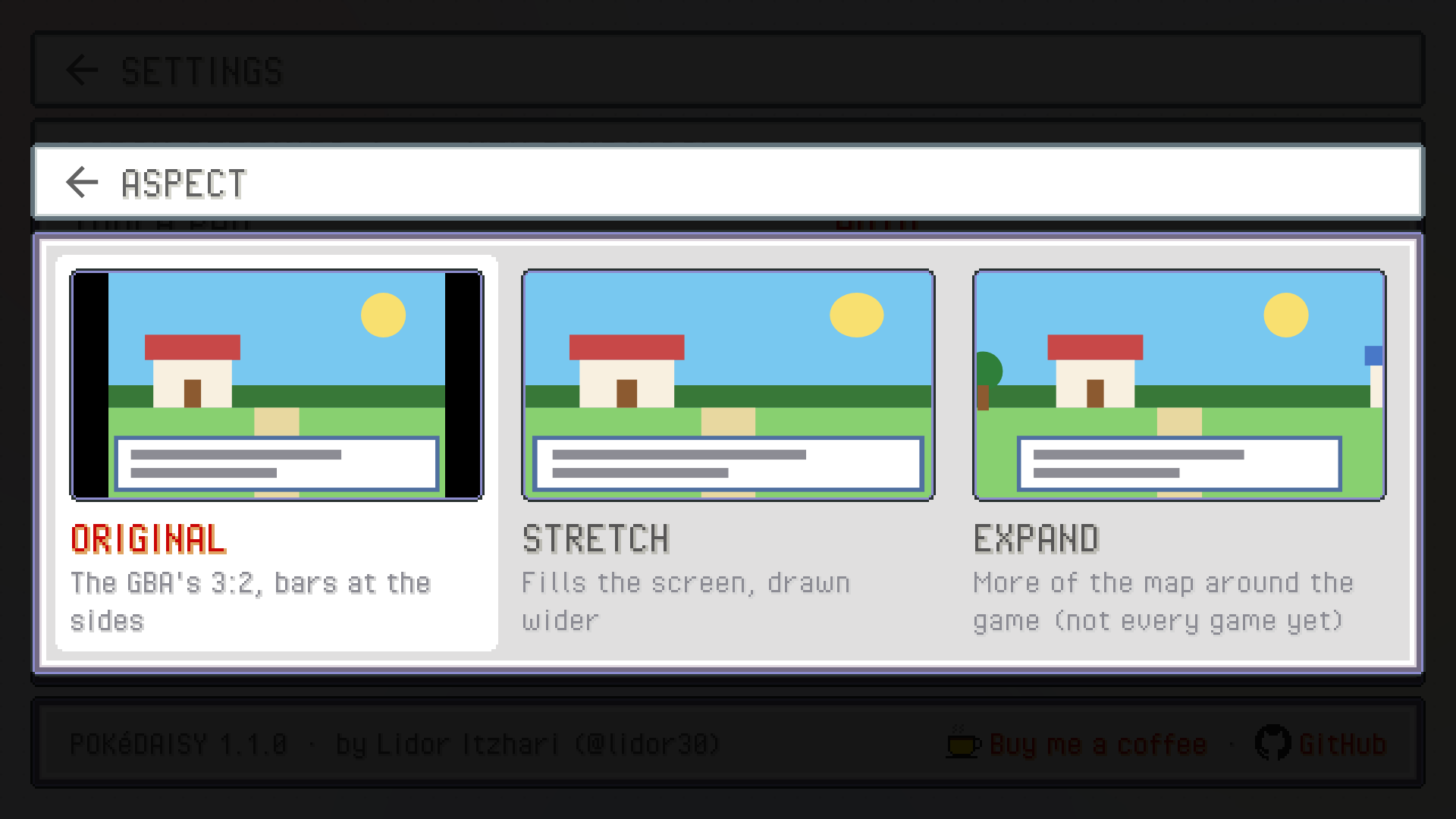 The ASPECT picker in Settings, showing ORIGINAL, STRETCH and EXPAND side by side as small pictures of the top screen