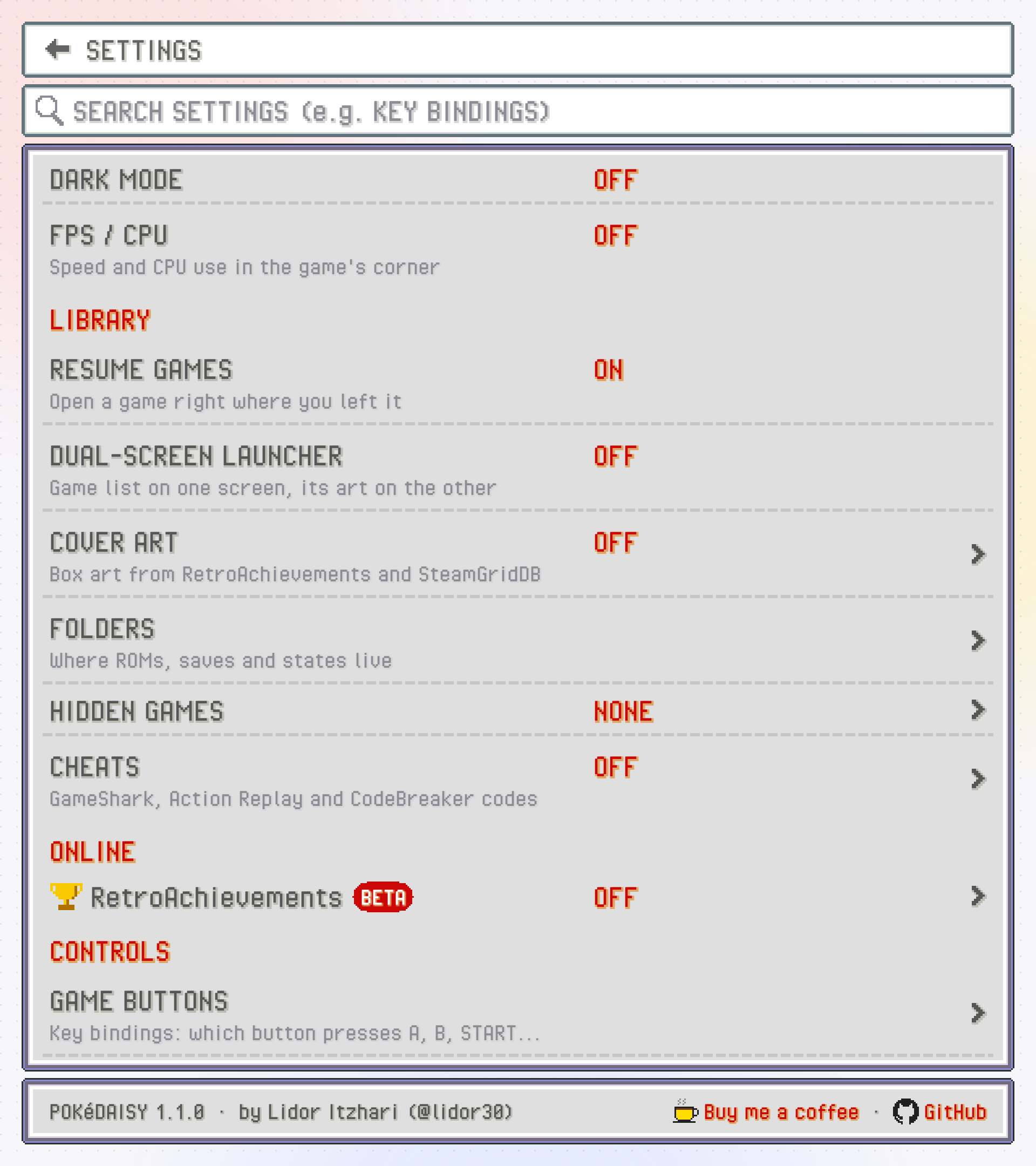 The top screen's GAME BUTTONS page, a row for each GBA button with the keys it's on