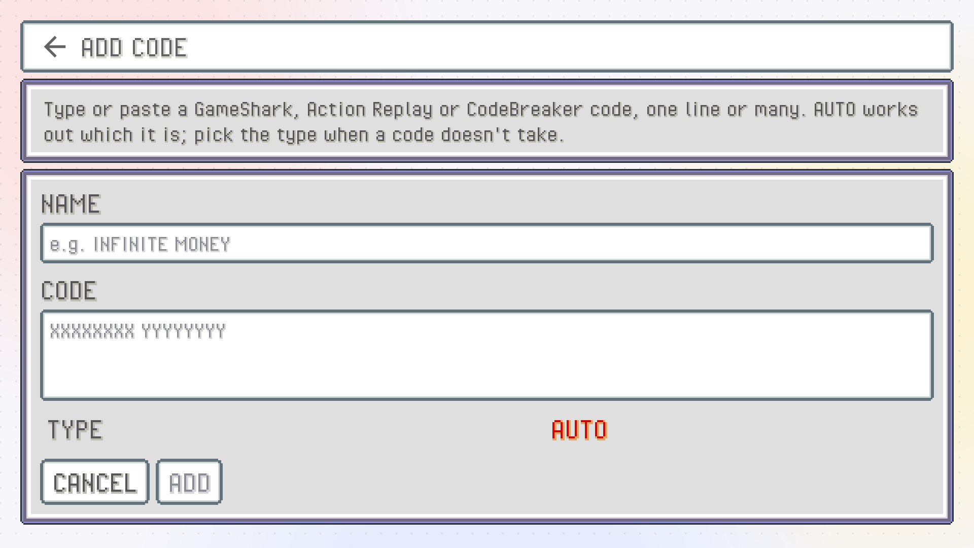 The ADD CODE page with a NAME field, a CODE box, the TYPE row set to AUTO, and CANCEL and ADD buttons
