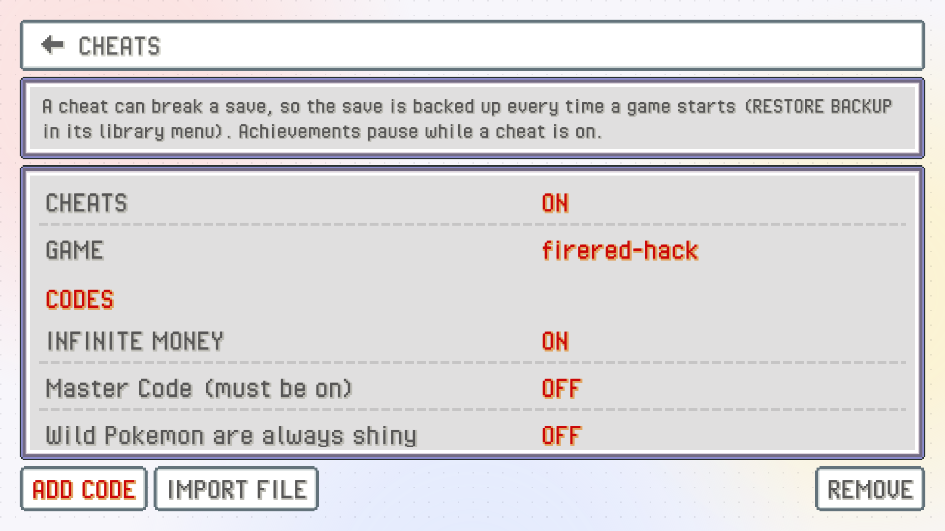 The top screen's CHEATS page: the master switch, the GAME row, a CODES list with each cheat ON or OFF, and ADD CODE and IMPORT FILE buttons