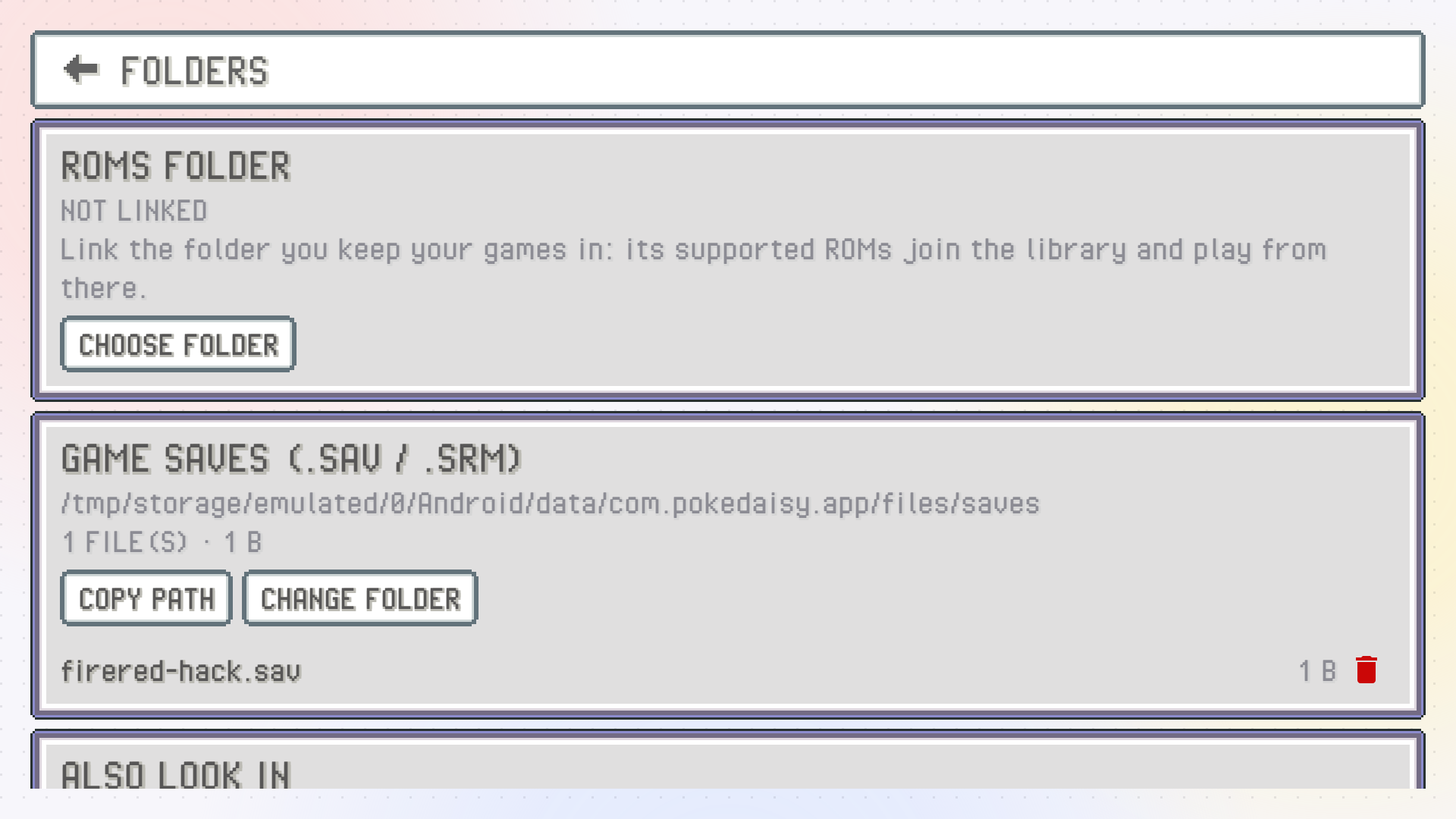 The top-screen Settings list scrolled down to its LIBRARY group, with RESUME GAMES set to ON and the FOLDERS row under it