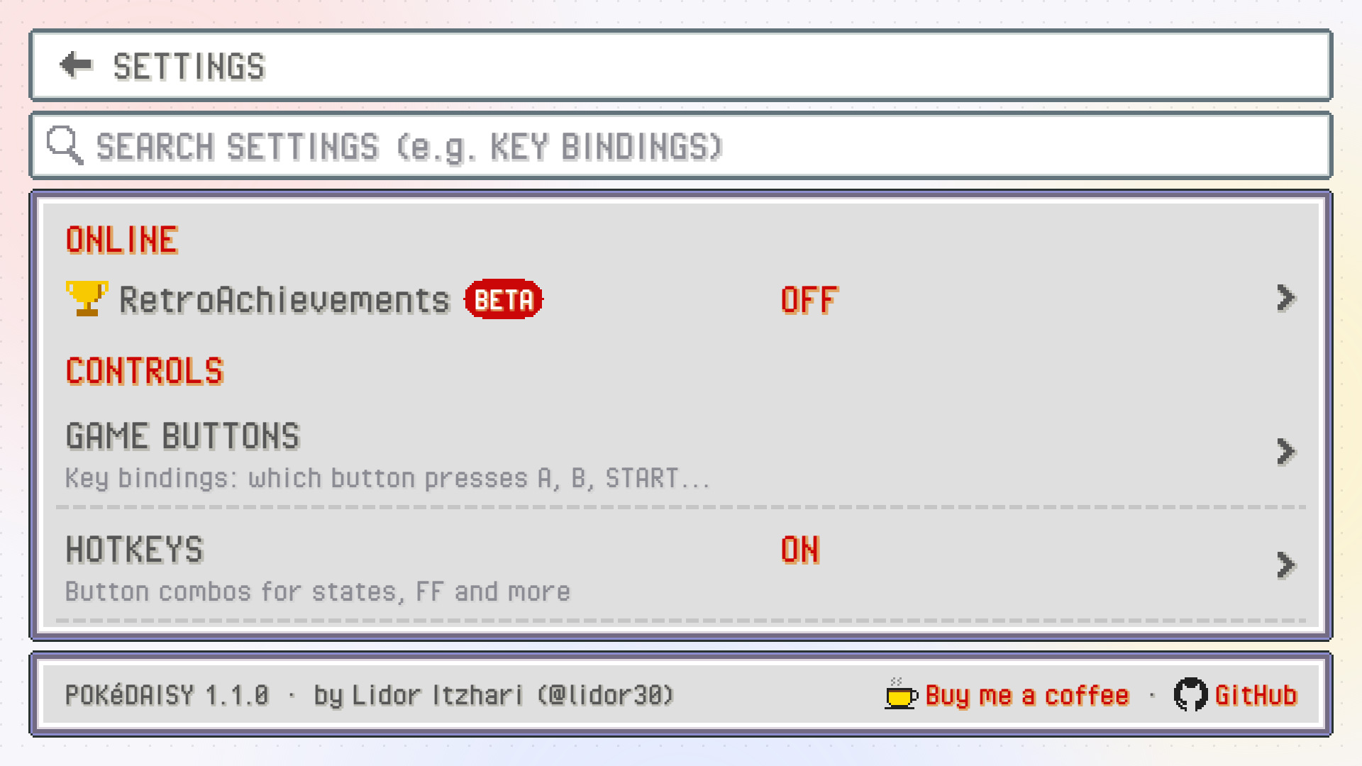 The top screen's HOTKEYS page: the HOTKEYS switch, then each hotkey with its buttons