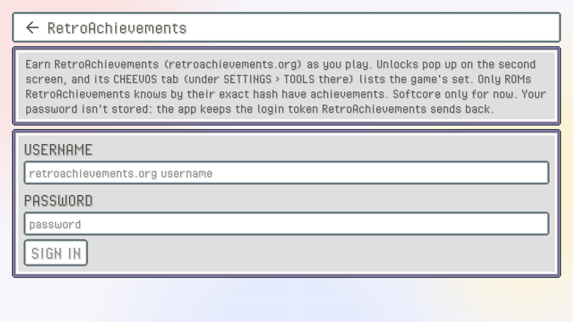The top screen's RetroAchievements settings page, with a username and password box and a SIGN IN button