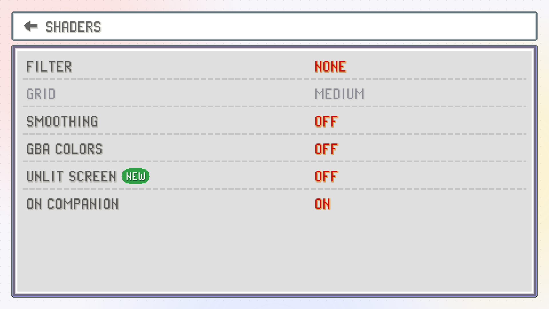 The SHADERS page with FILTER, GRID, SMOOTHING, GBA COLORS, UNLIT SCREEN and ON COMPANION rows