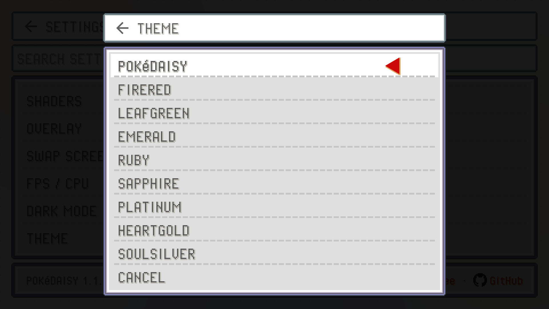The THEME pick-list in Settings with POKéDAISY selected and the game themes below it