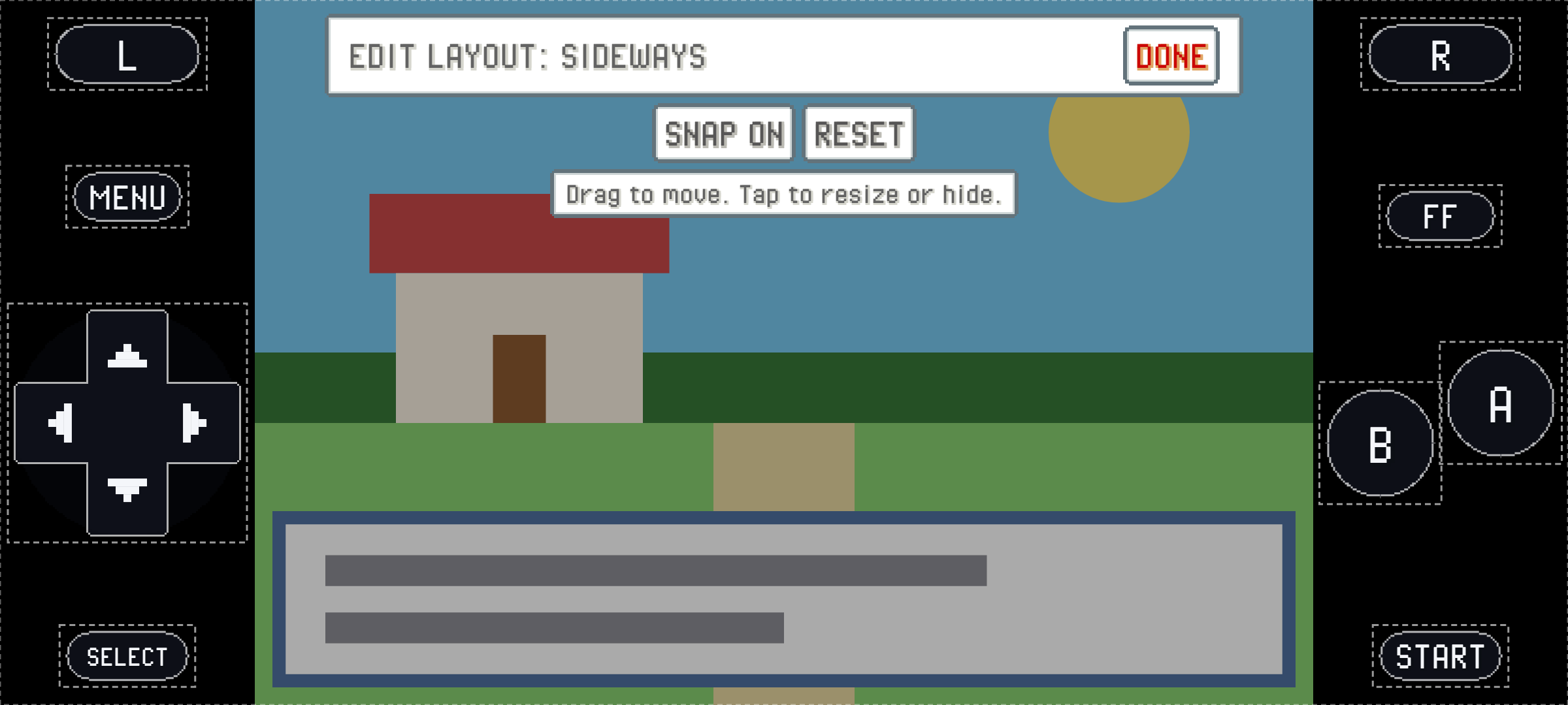 EDIT LAYOUT on a phone held sideways: the buttons with dashed outlines in the bars beside the game, the bar with DONE, SNAP ON and RESET at the top