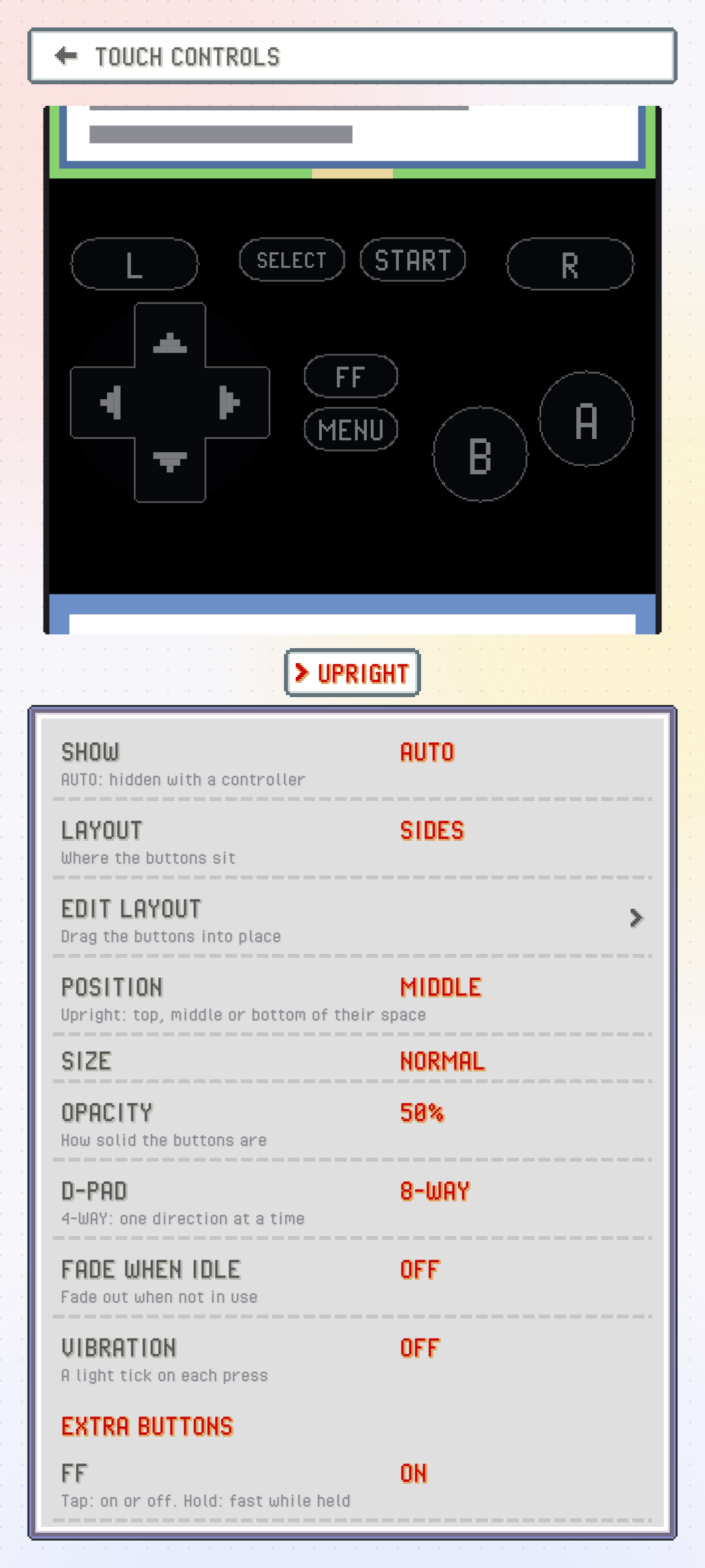 TOUCH CONTROLS on a phone held upright: the preview of the screen with the buttons, then the settings