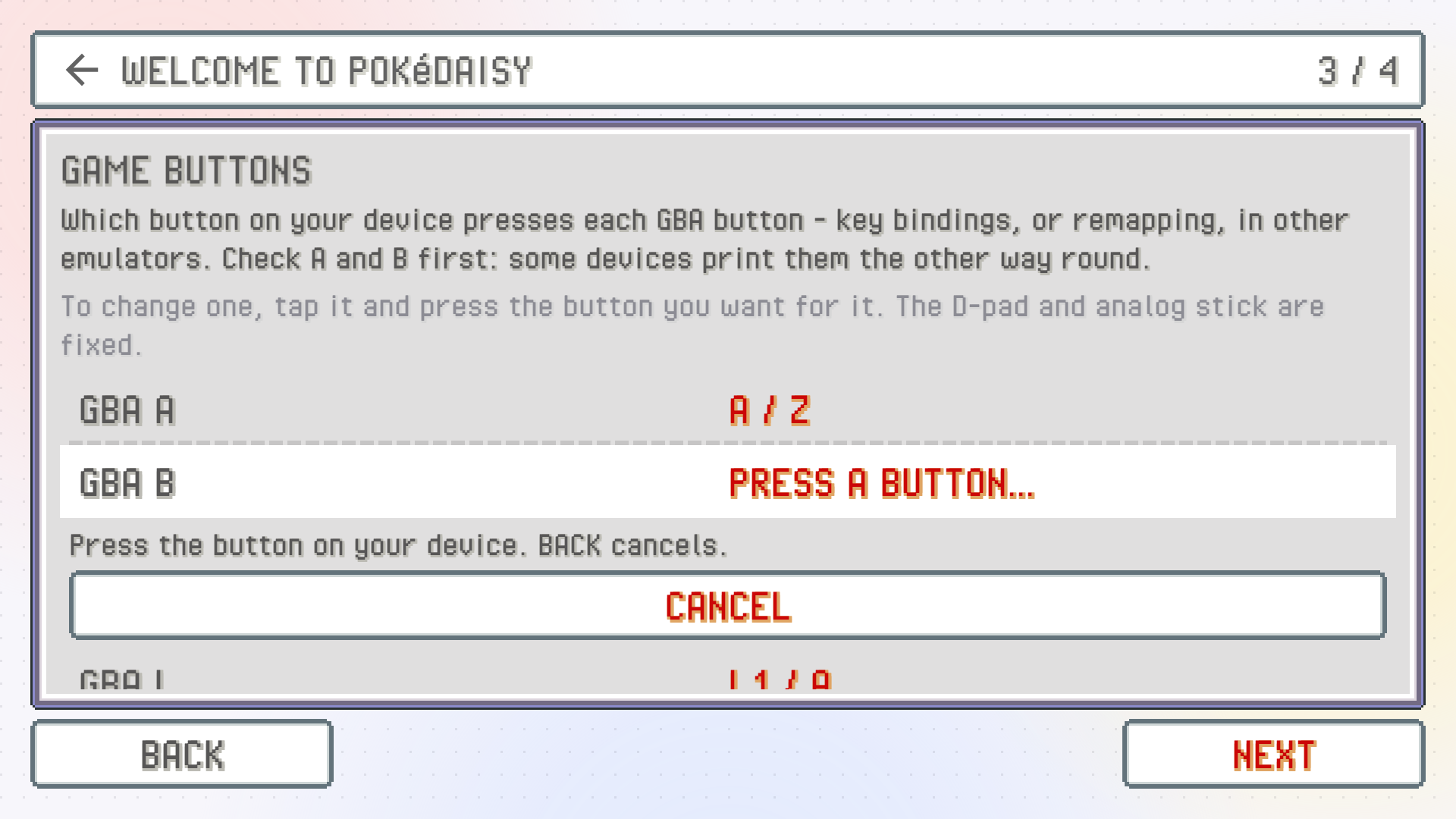 The same step with GBA B waiting for a button: PRESS A BUTTON… on its row and CANCEL under it