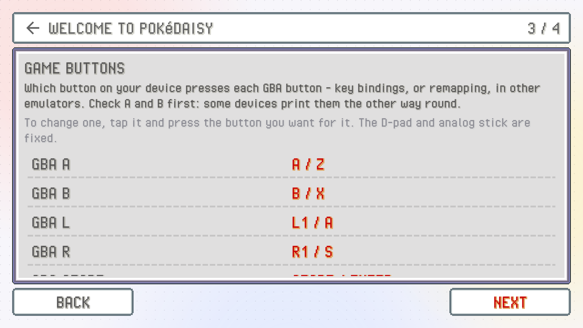 Setup's third step: GAME BUTTONS, listing each GBA button with the device key bound to it