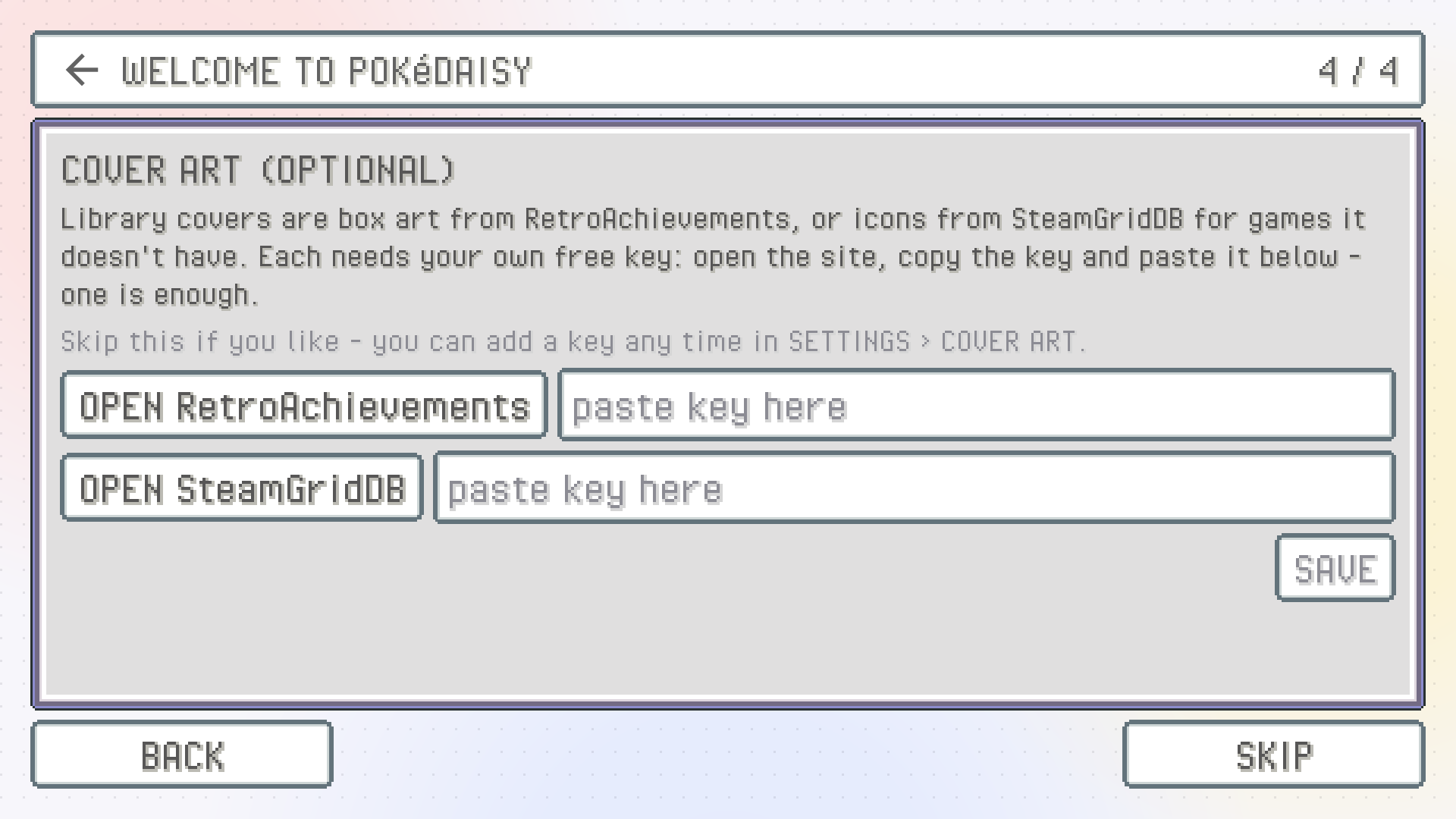 Setup's last step: COVER ART (OPTIONAL), with a key box for RetroAchievements and one for SteamGridDB