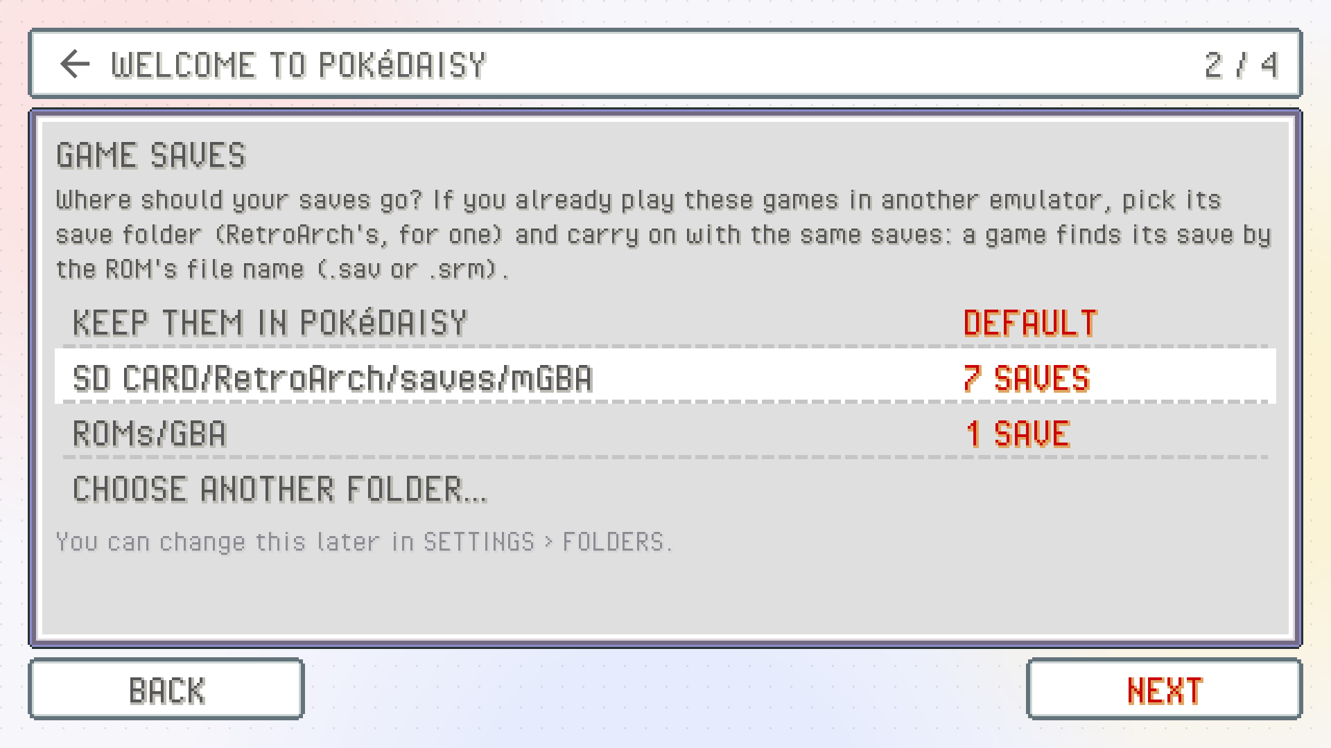 Setup's second step: GAME SAVES, with KEEP THEM IN POKéDAISY and a RetroArch save folder offered with its number of saves