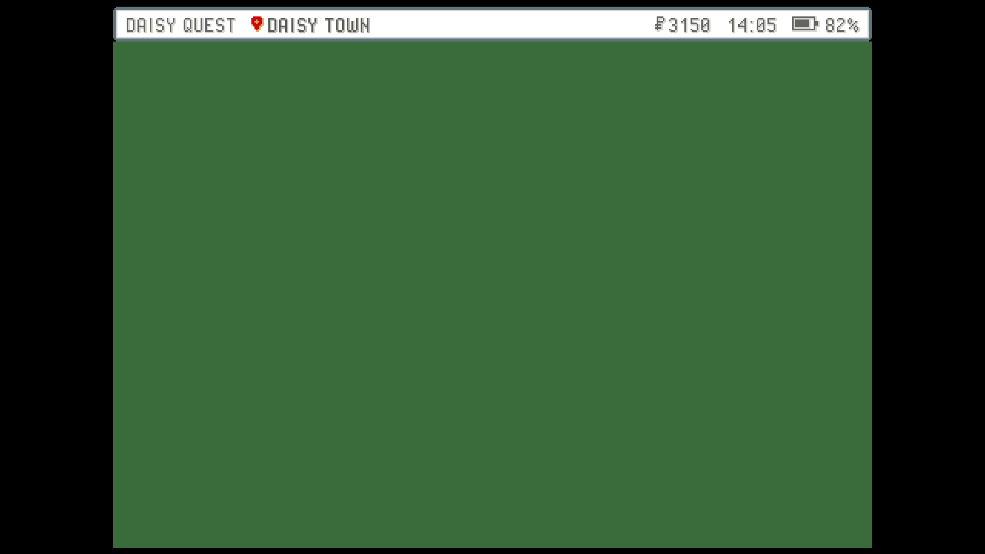 The status bar above the game, showing the game's name, the current town, money, the time and battery